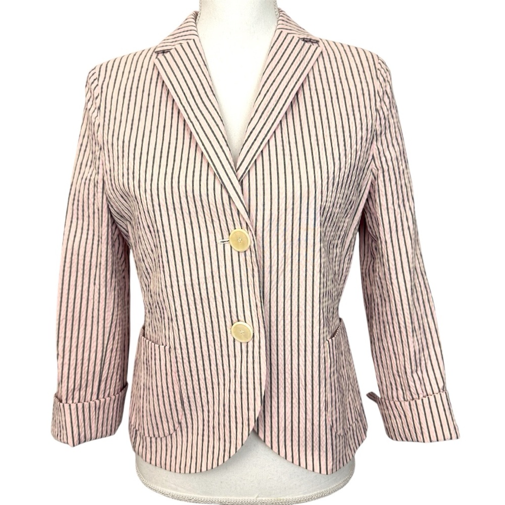 Akris Punto Blazer Size 6 Striped Pink Textured Wool Blend 2 Button 3/4 Sleeve